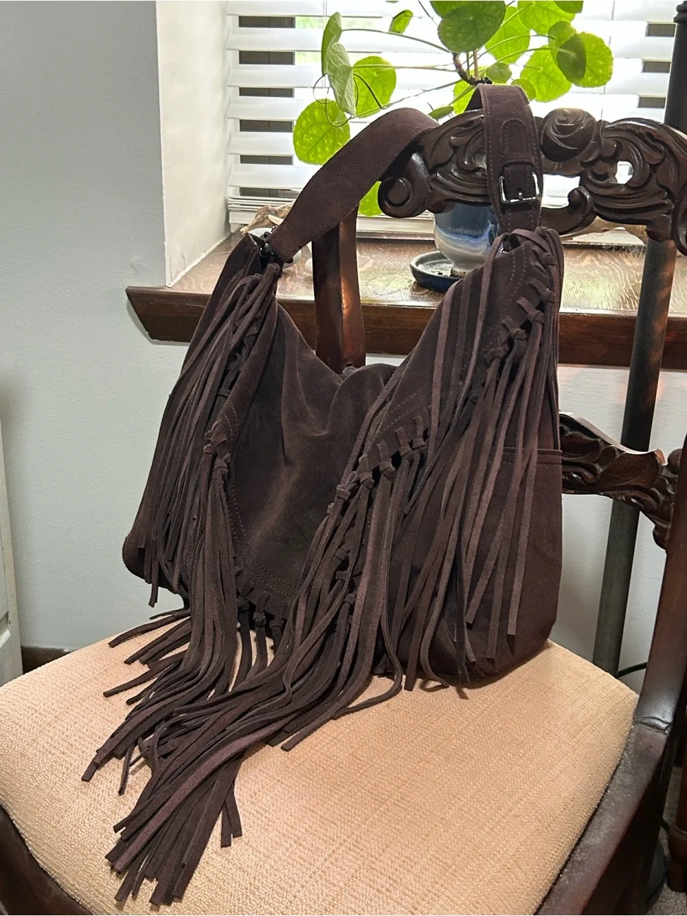 Sorial Dark Brown Suede Fringe Hobo Bag